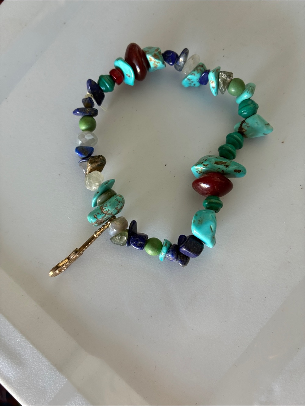 Turquoise Chip Stretch Bracelet with Multi Gem Accents - Turquoise & Red